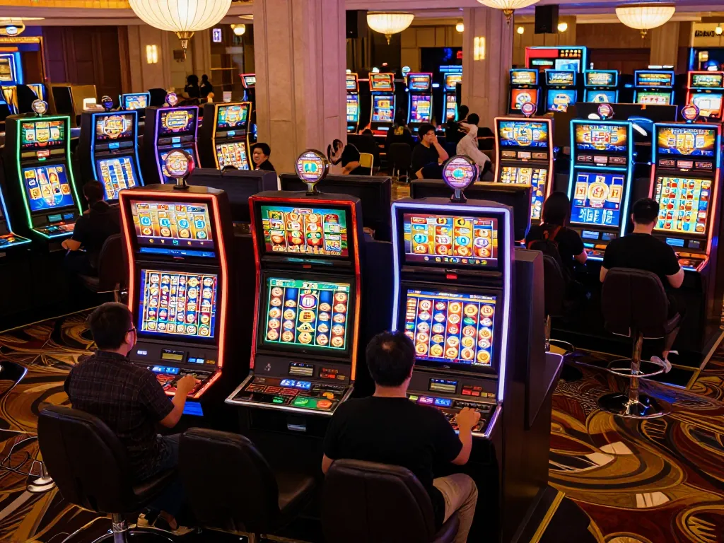 Engaged players celebrating wins on colorful slot machines while trying link slot gacor for exciting gameplay.