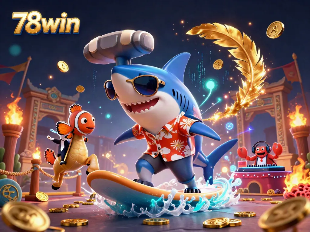 Experience thrilling action at 78win with a shark, clownfish, and crab DJ in a dynamic casino scene.