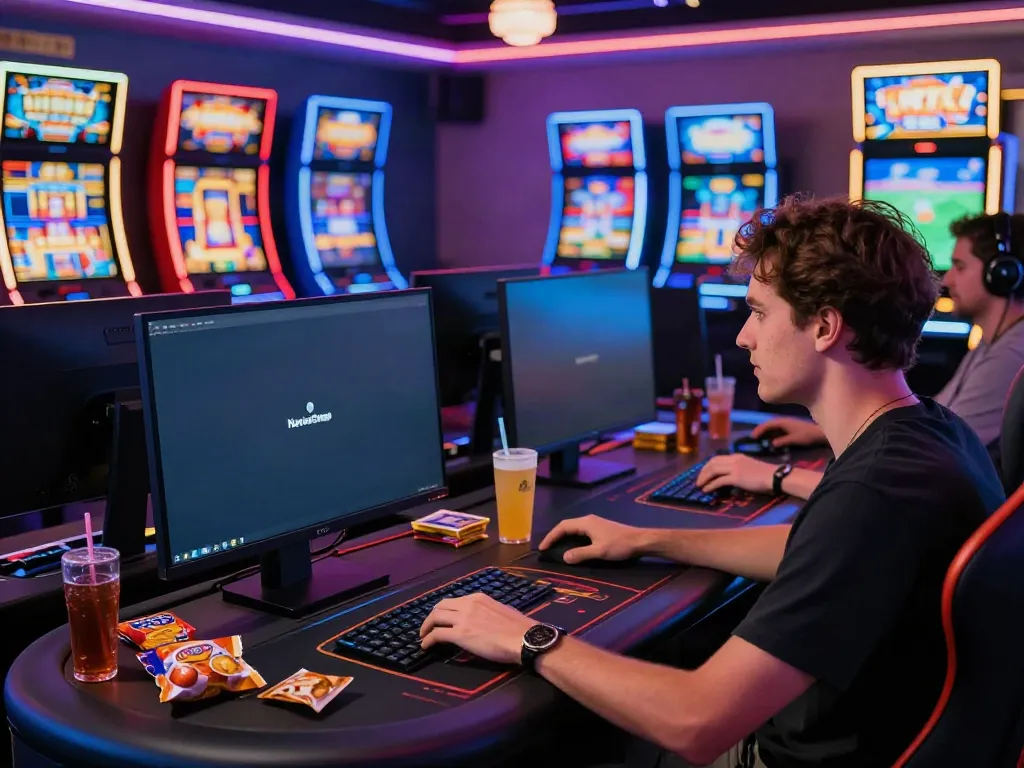 Casinos not on GamStop vibrant gaming setup with player and colorful screens