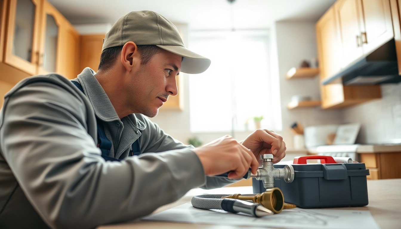 Plumber near me repairing a pipe in a bright kitchen, showcasing professional plumbing skills.