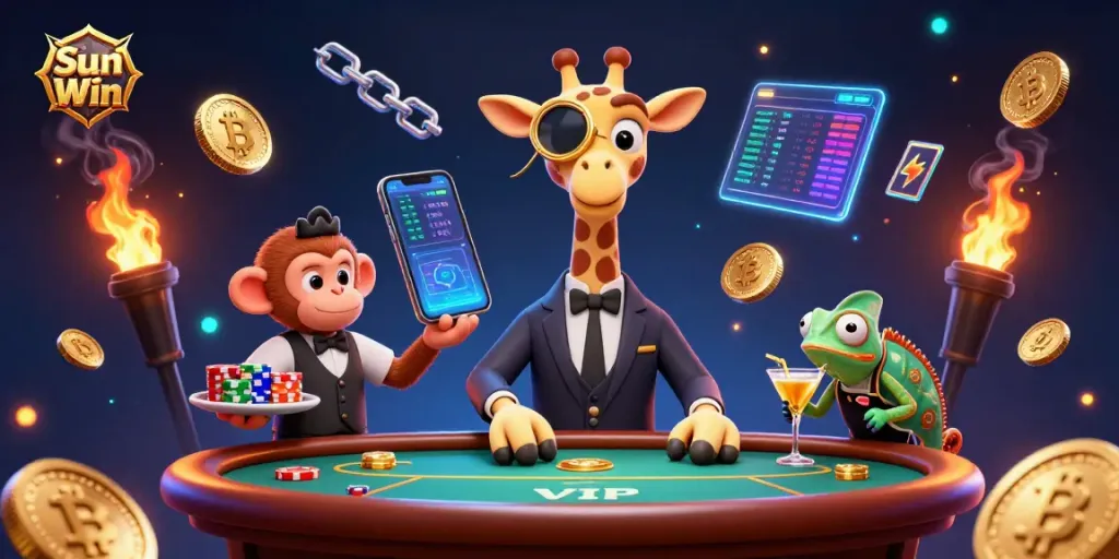 Engage in thrilling gameplay at Sun Win with cartoon characters in a vibrant casino scene.