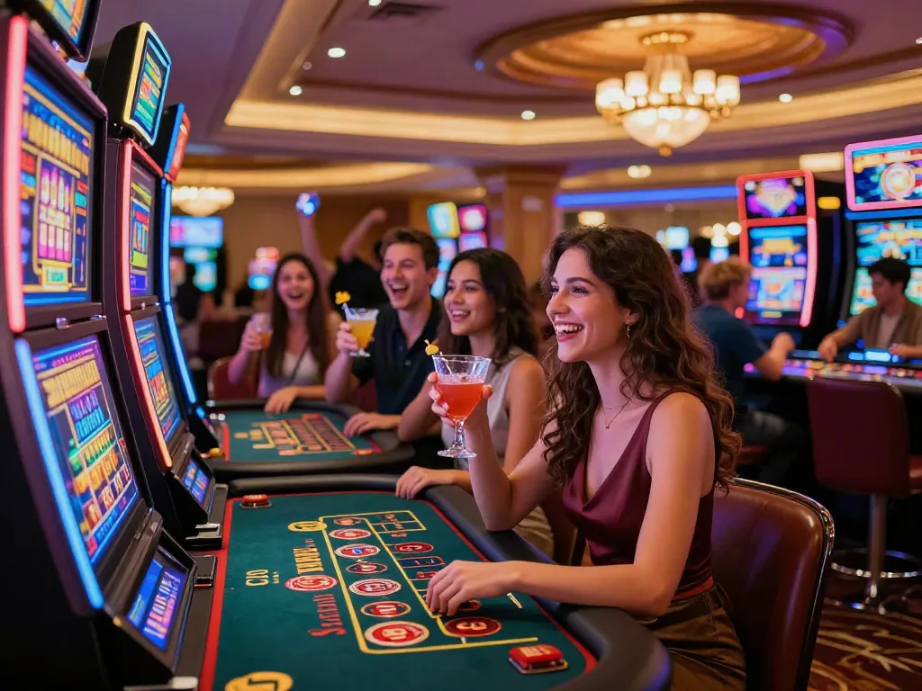 Exciting scene of diverse players at casinos not on gamstop, enjoying vibrant games and lively atmosphere.