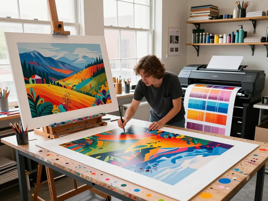 Artist creating custom poster printing with vibrant colors and art supplies in a creative studio.