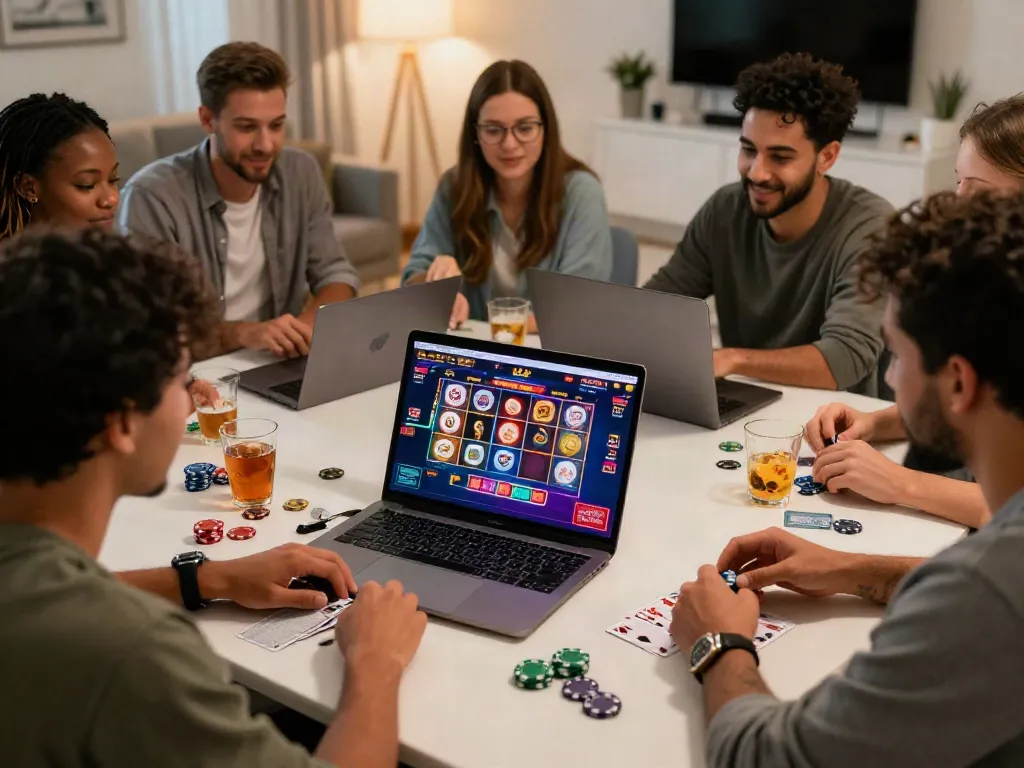 Friends enjoying games at casinos not on gamstop with vibrant online interface.
