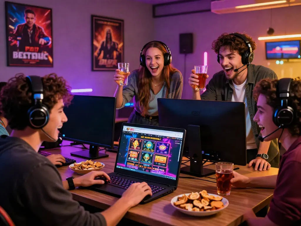 Friends enjoying online gaming at casinos not on GamStop, celebrating with snacks and drinks in a lively atmosphere.