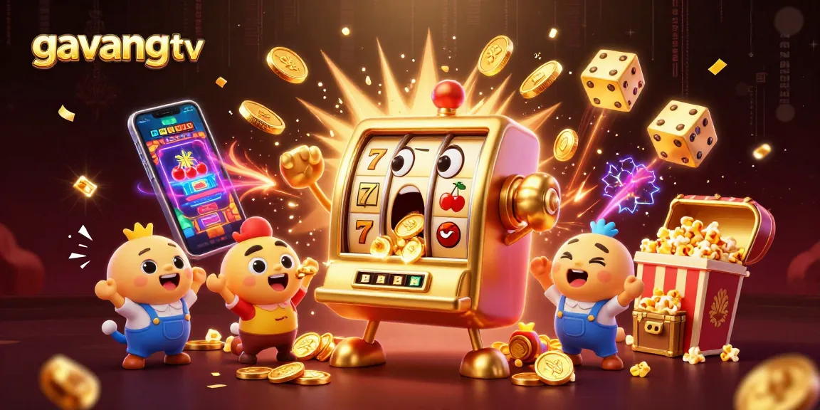 Experience excitement at gavangtv with a golden slot machine celebrating jackpots amidst colorful casino elements.