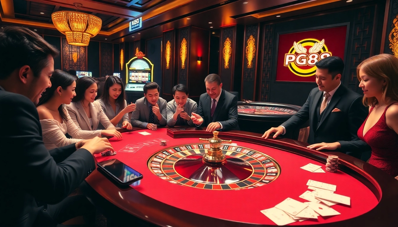 Experience the excitement of PG88 trang chủ with a vibrant casino scene featuring roulette and slot machines.