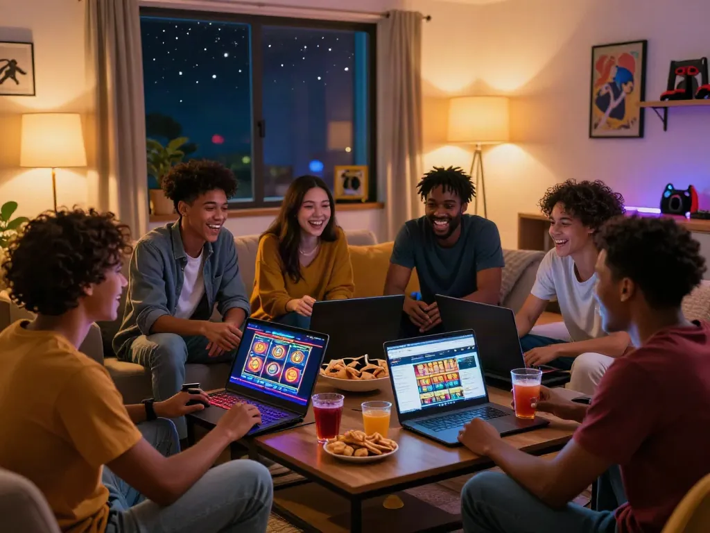 Friends enjoying gaming at casinos not on GamStop in a cozy living room.