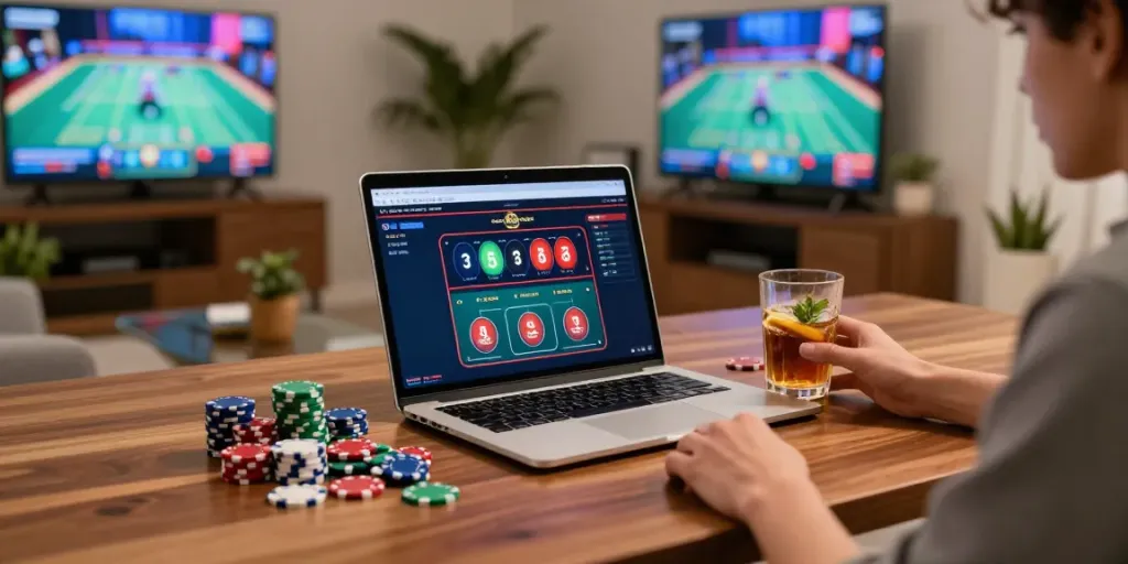 Engaging scene of online gambling with casinos not on GamStop displayed on a laptop.