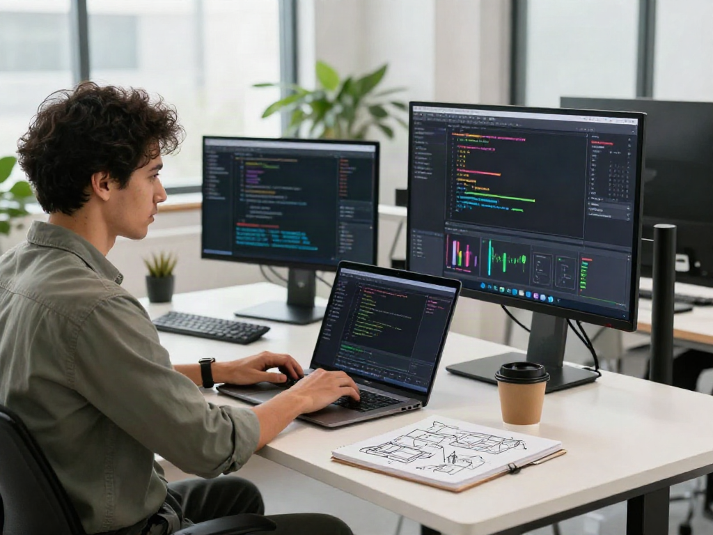 Developer working on instant indexing solutions in a bright tech office.