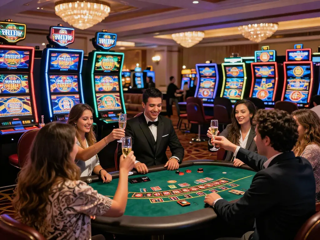 Players celebrating at a lively casino not on GamStop, filled with vibrant lights and gaming tables.