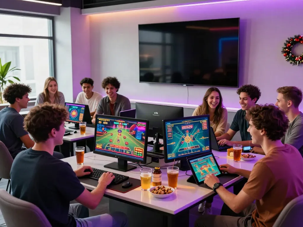 Friends enjoying an exciting gaming session at casinos not on gamstop with snacks and vibrant decor.