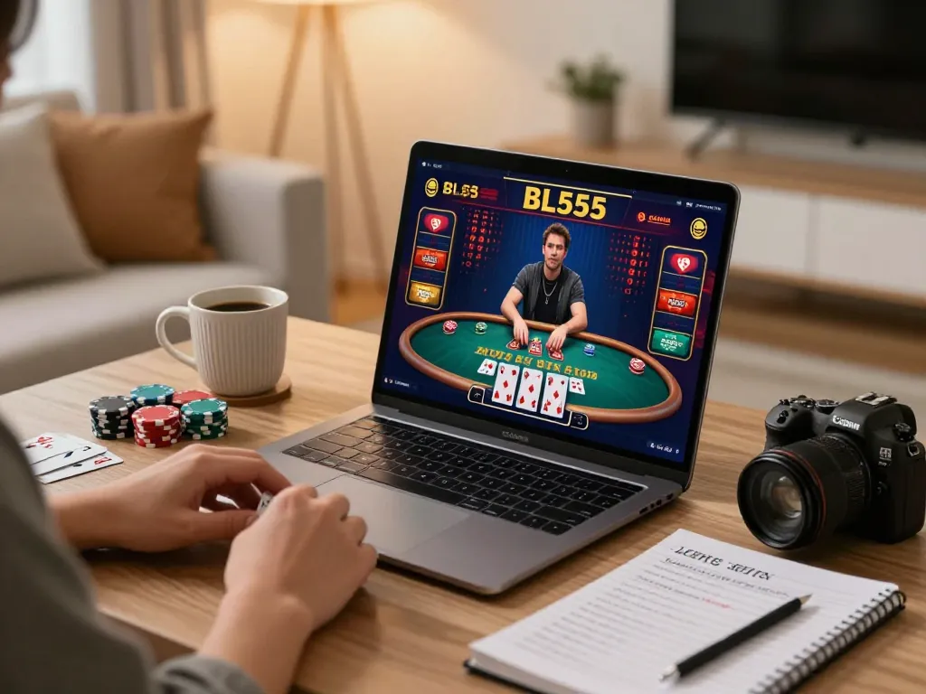Player enjoying BL555 online blackjack in a cozy home setup with gaming chips and strategy notes.