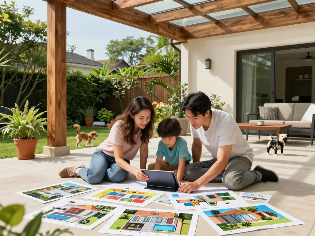 Family using a veranda configurator on a tablet to design their custom outdoor space.