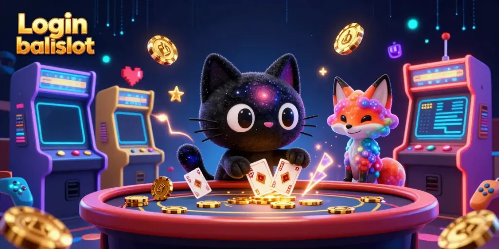 Login balislot illustration featuring a black hole cat and a nebula fox at a colorful cosmic casino table.