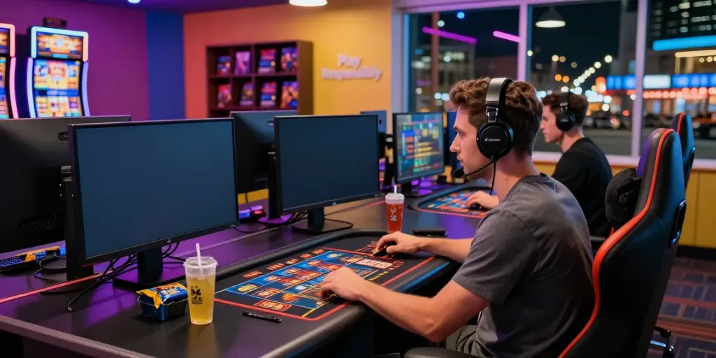 Gamer immersed in online casinos not on gamstop with vibrant gaming setup and city lights.