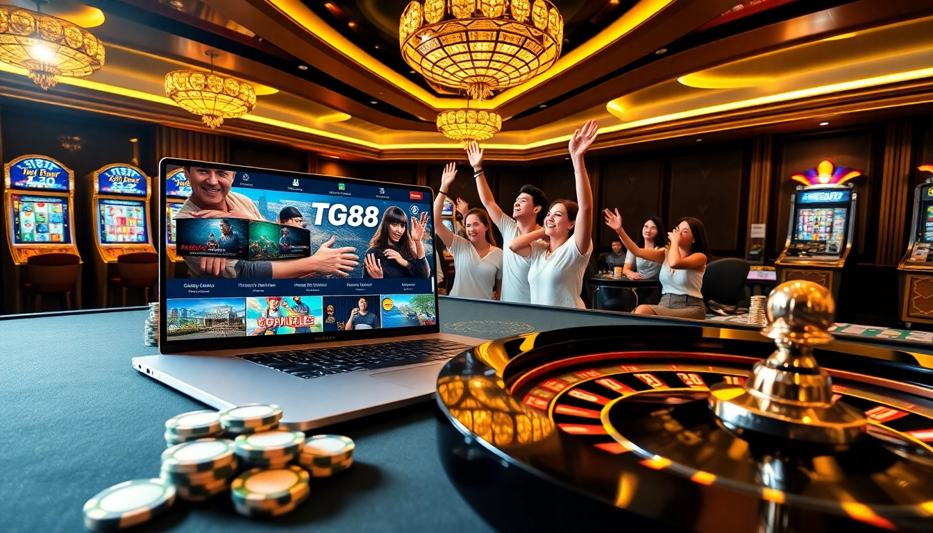 Play exciting games at TG88's online casino with vibrant slots and roulette atmosphere.