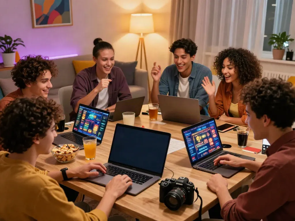 Friends excitedly exploring casinos not on GamStop in a lively living room.