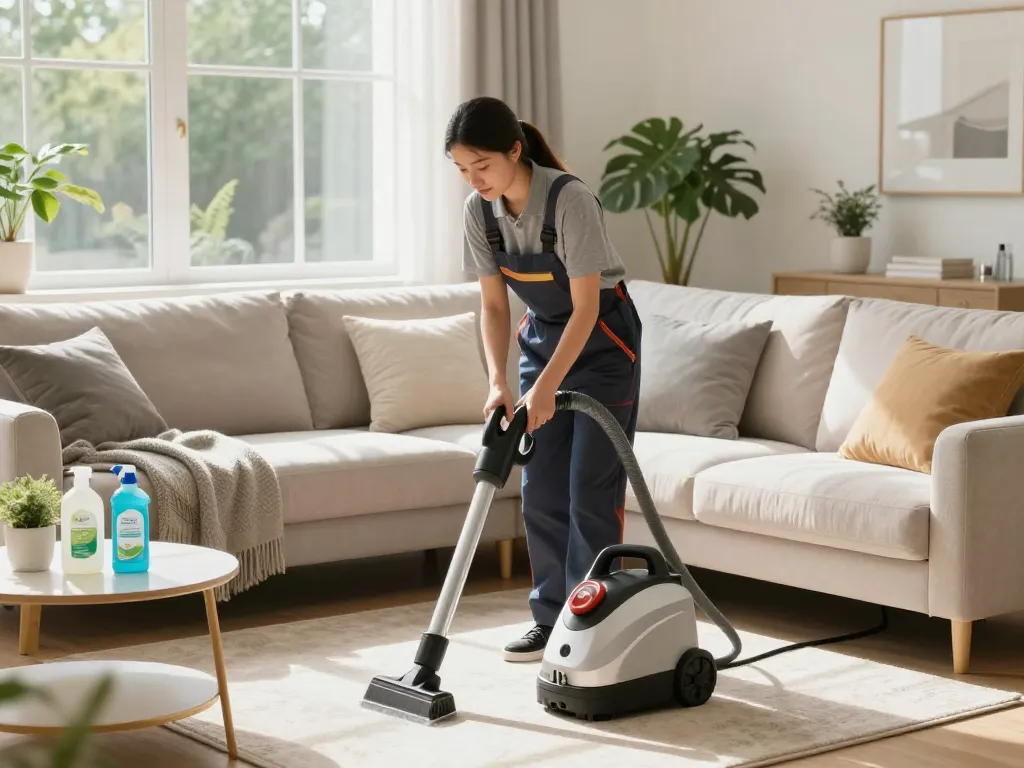 Upholstery cleaner in Wolverhampton using steam cleaning machine in bright living room, emphasizing Allergy & hygiene blogs.
