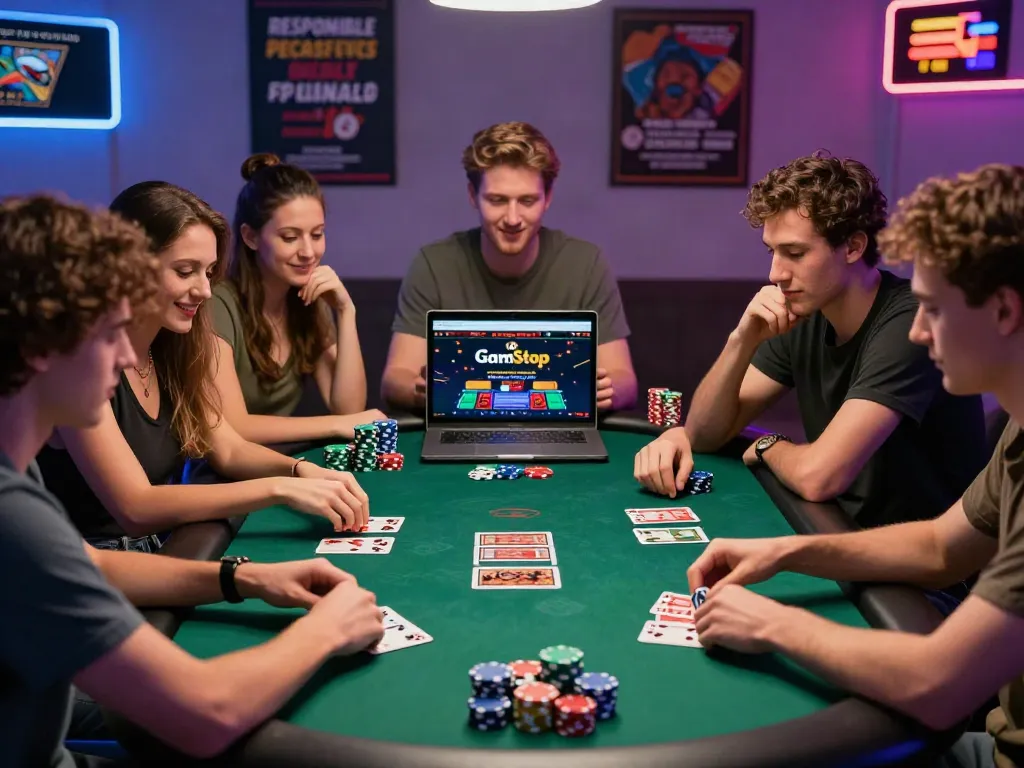 Friends enjoying a casino night featuring games not on GamStop, with vibrant atmosphere and modern settings.