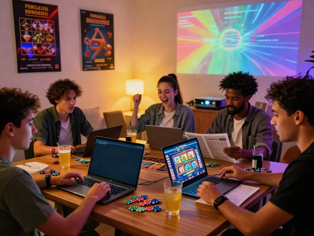 Friends enjoying exciting games at home, showcasing casinos not on gamstop vibes.