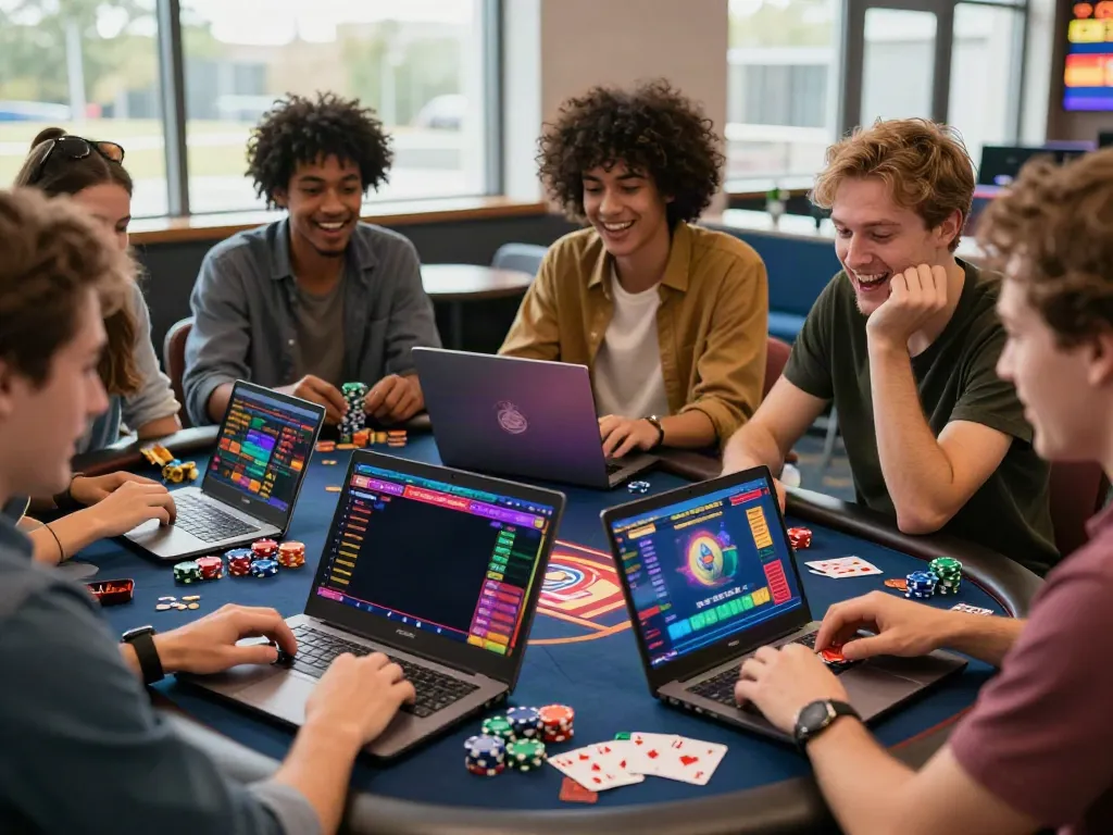 Friends enjoying casinos not on gamstop while playing games on laptops and mobiles.