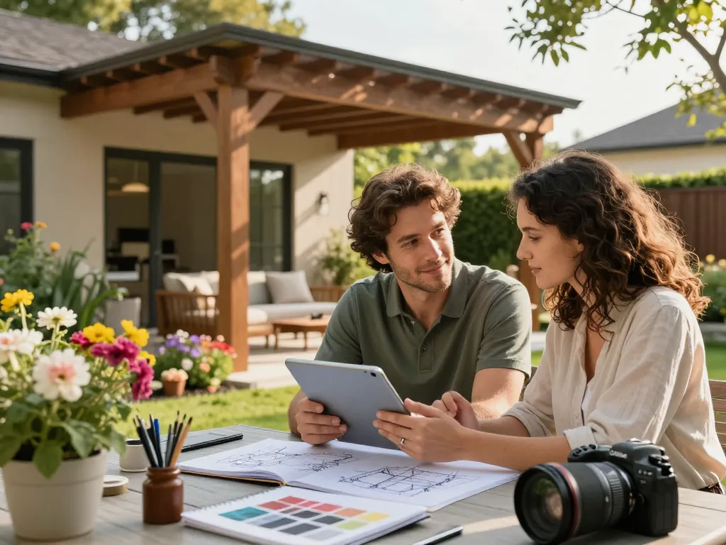 Pergola configurator software demonstration with a couple designing their dream outdoor living space in a beautiful garden setting.