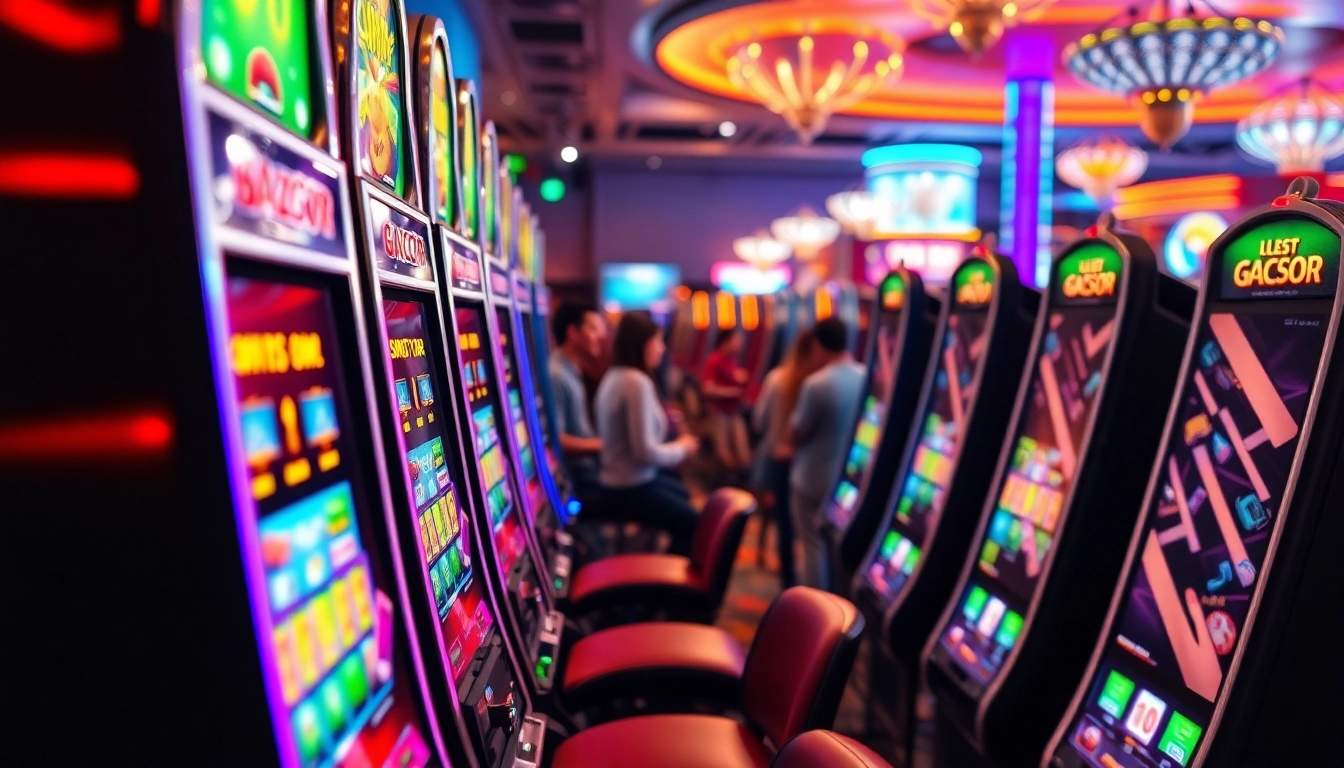 Slot gacor mencolok di kasino dengan pemain antusias dan mesin berwarna-warni.