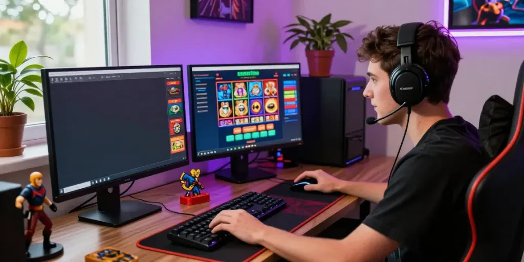 Exciting gaming scene depicting a player engaged with casinos not on GamStop on a colorful desktop interface, showcasing vibrant slot games.