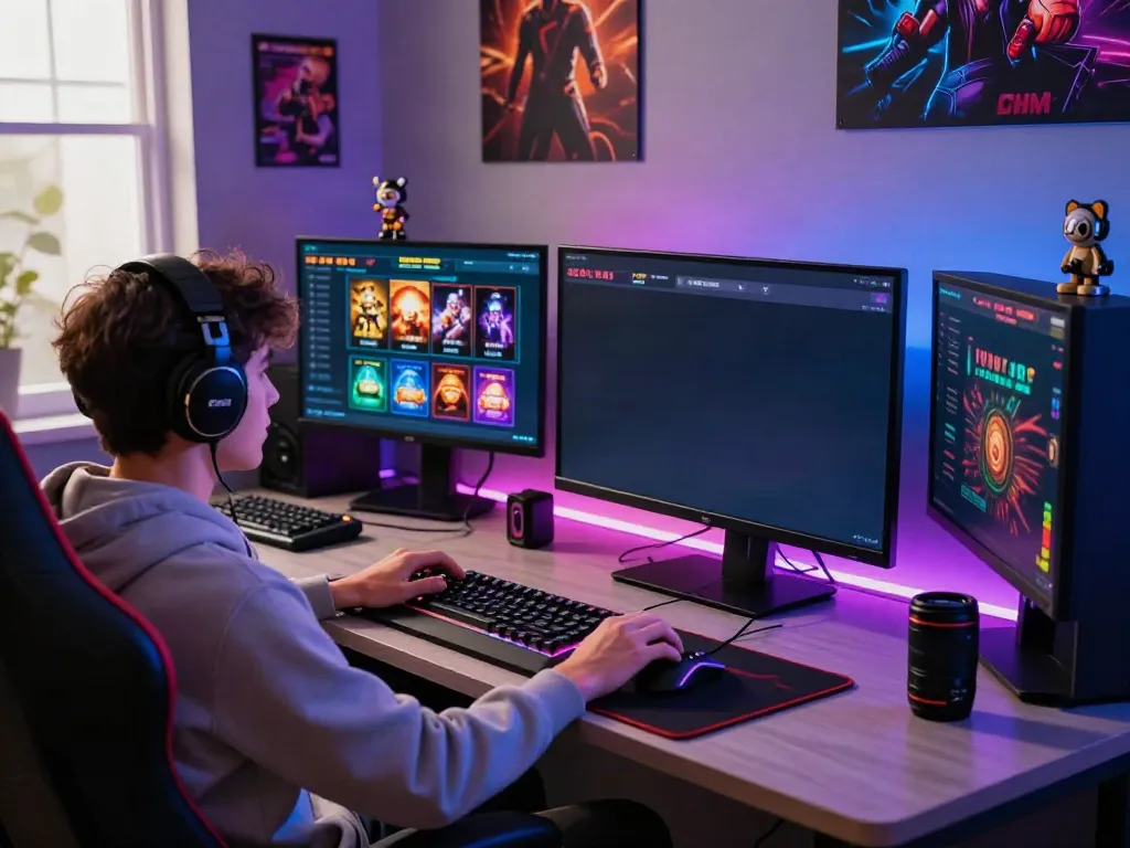 Gamer exploring casinos not on GamStop, surrounded by vibrant gaming setup.