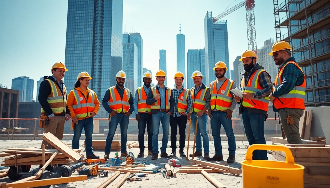 New York General Contractor coordinating a team on-site with tools, showcasing urban construction.