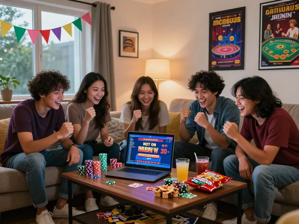 Friends exploring casinos not on GamStop in a cozy living room