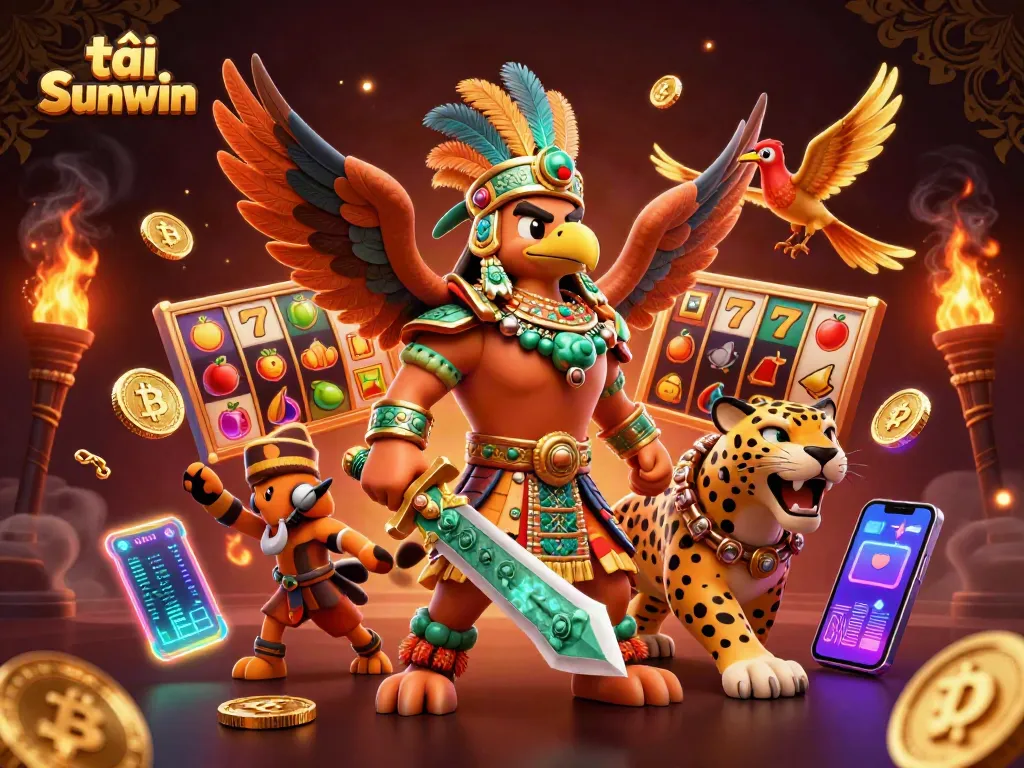 Engage with the vibrant world of tải Sunwin as Aztec warriors and colorful elements come alive in this casino-themed 3D illustration.