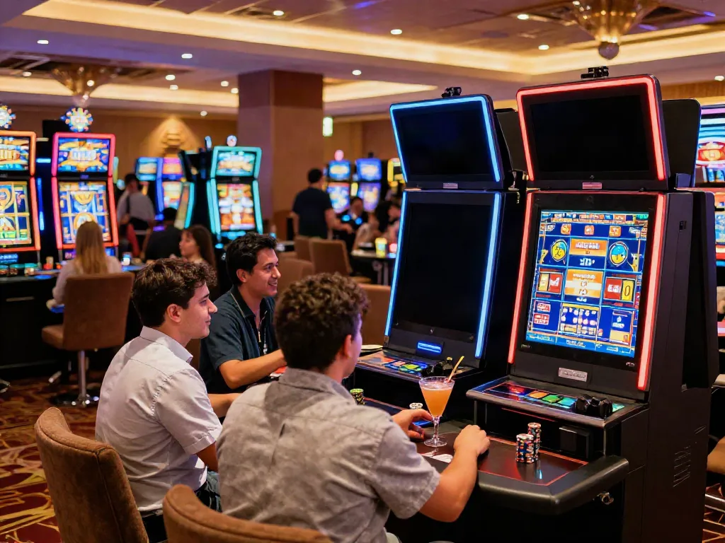 Casinos not on GamStop vibrant gaming floor with players and colorful lights.