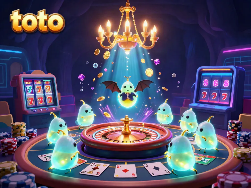 Experience excitement with toto's casino atmosphere illuminated by glowworms and vibrant game elements.