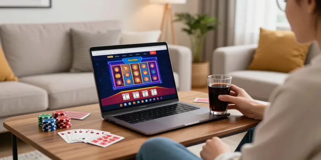 Exciting online gaming experience with casinos not on GamStop visible on a laptop in a cozy living room.