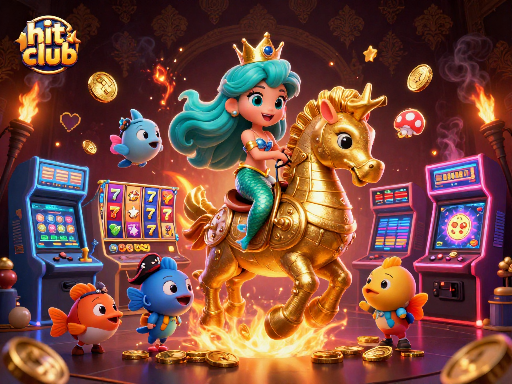Join the hit club with vibrant casino-themed gaming action, featuring characters and elements.