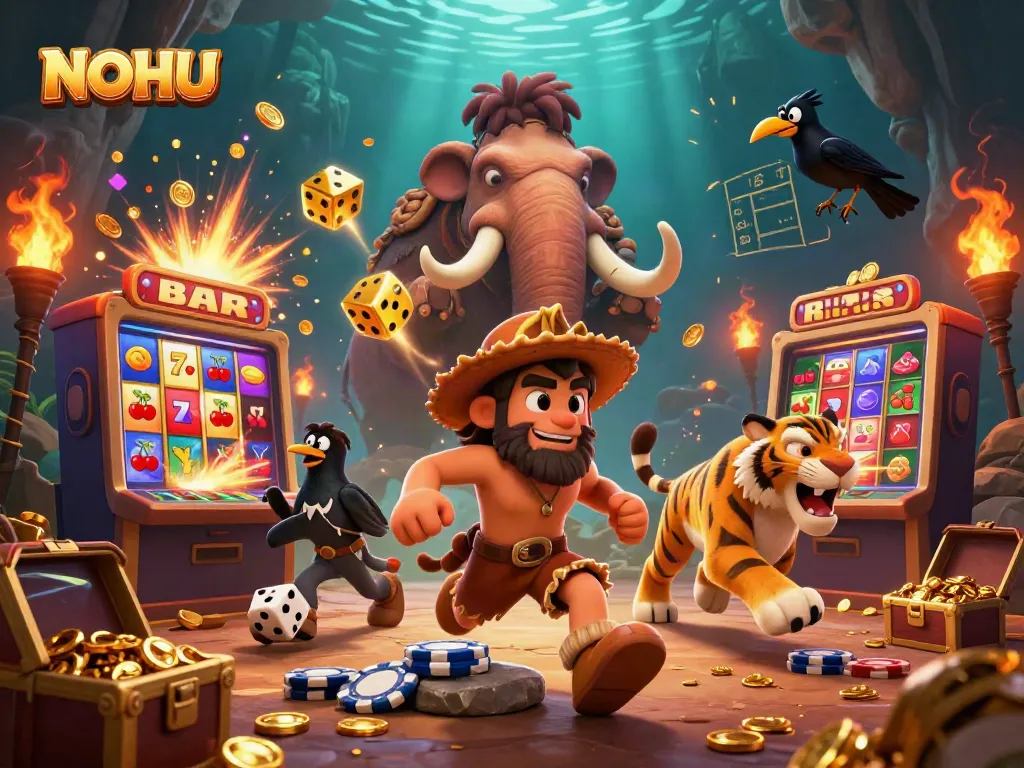 Experience thrilling slots with NOHU featuring caveman and tiger duo in a lively prehistoric casino.
