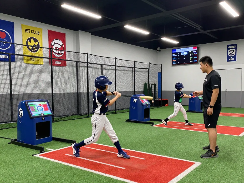 Youth athlete at Hit Club practicing batting skills in a vibrant training facility, with advanced equipment and coaching support.