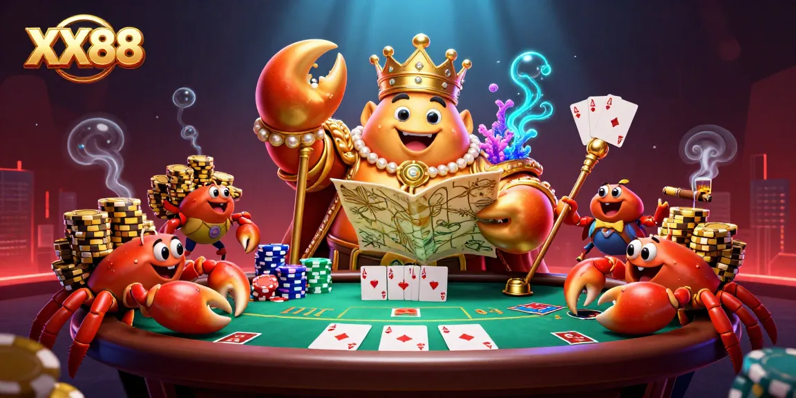 Experience the excitement of XX88 with a vibrant illustration featuring a golden crab emperor and poker themed elements.