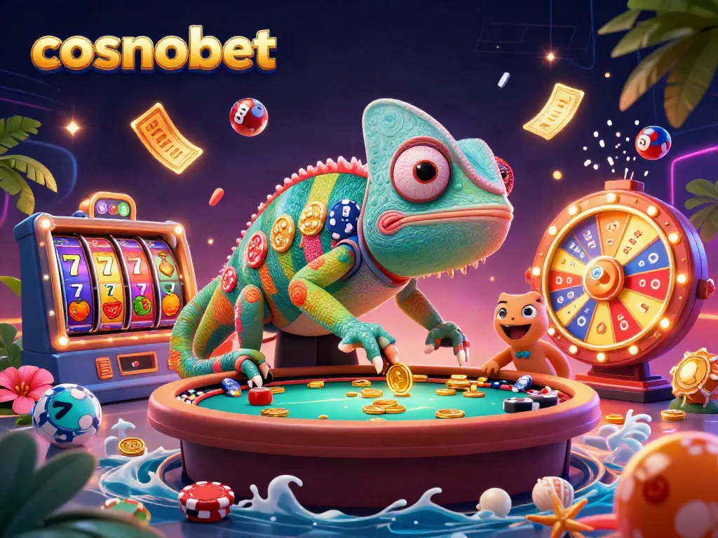 Experience the thrill of cosmobet with a vibrant casino scene featuring a chameleon casino owner.
