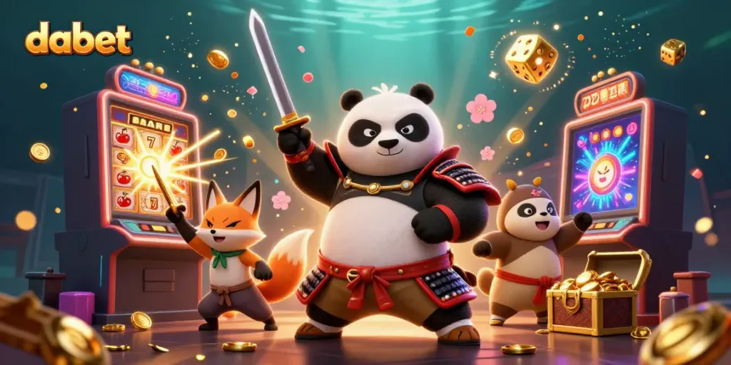 Win big with dabet's dynamic gaming scene featuring a samurai panda and a ninja fox.
