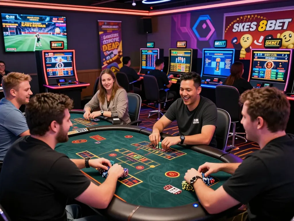 Excited players at 8KBET casino engaging in dynamic online gambling.