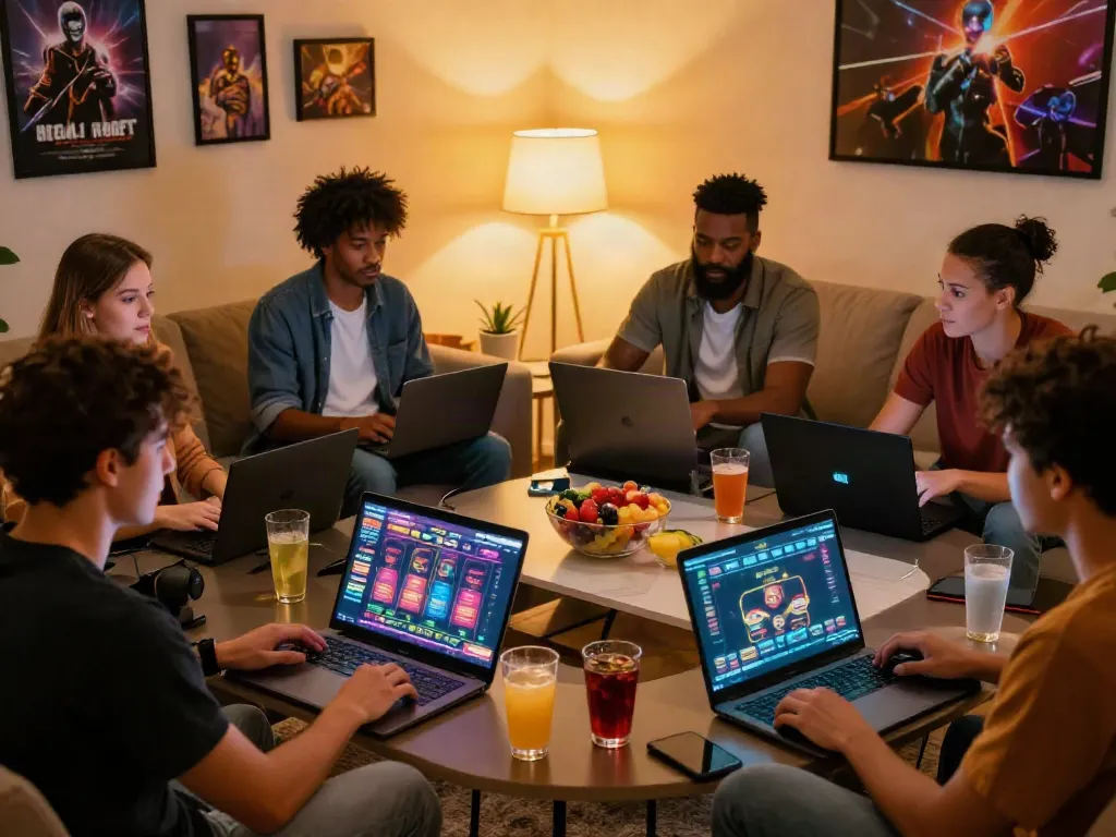 Friends enjoying casinos not on gamstop in a cozy gaming night setting