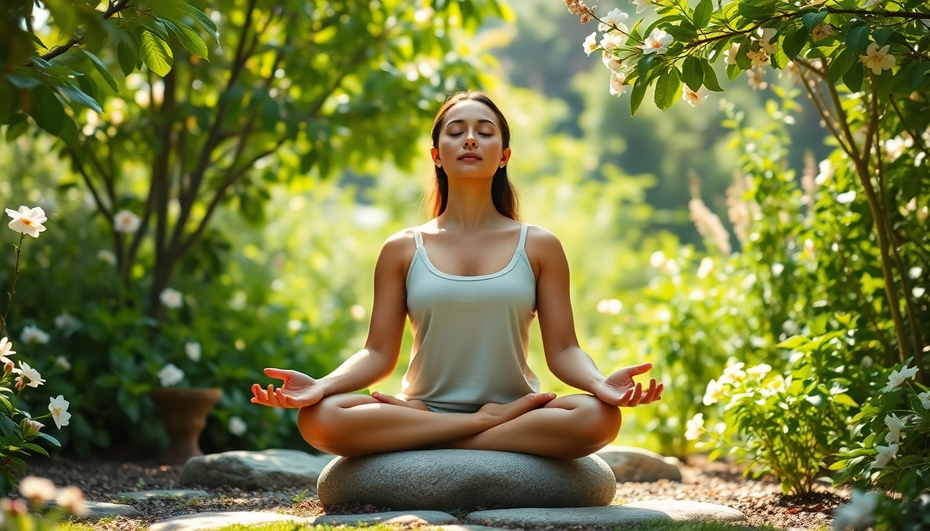 Promoting mental wellness through mindfulness in a tranquil garden setting.