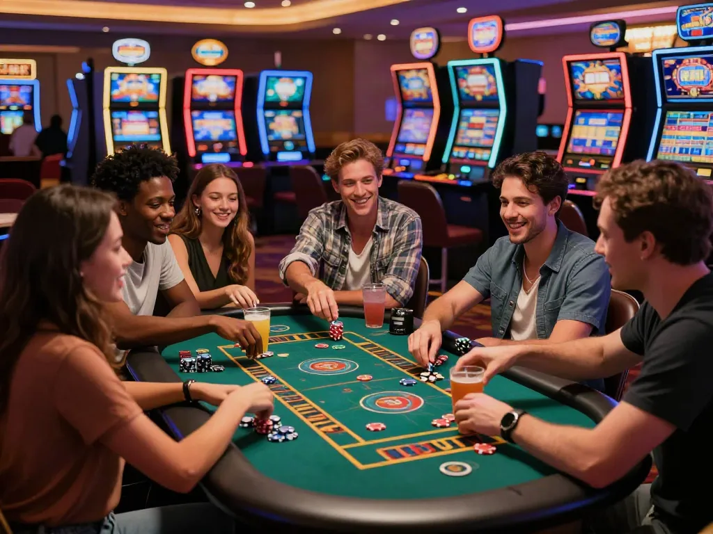 Friends enjoying gaming at a lively casino not on GamStop, warm atmosphere and excitement.