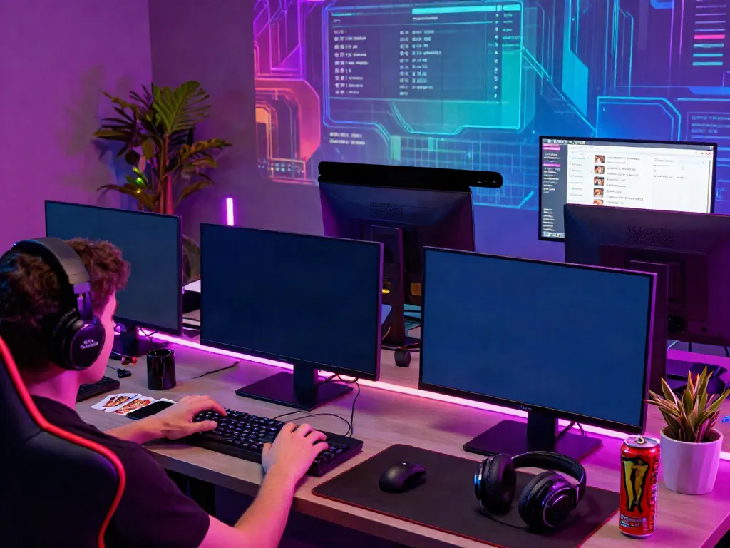 Player engaging with casinos not on GamStop across multiple gaming screens in an immersive online environment.