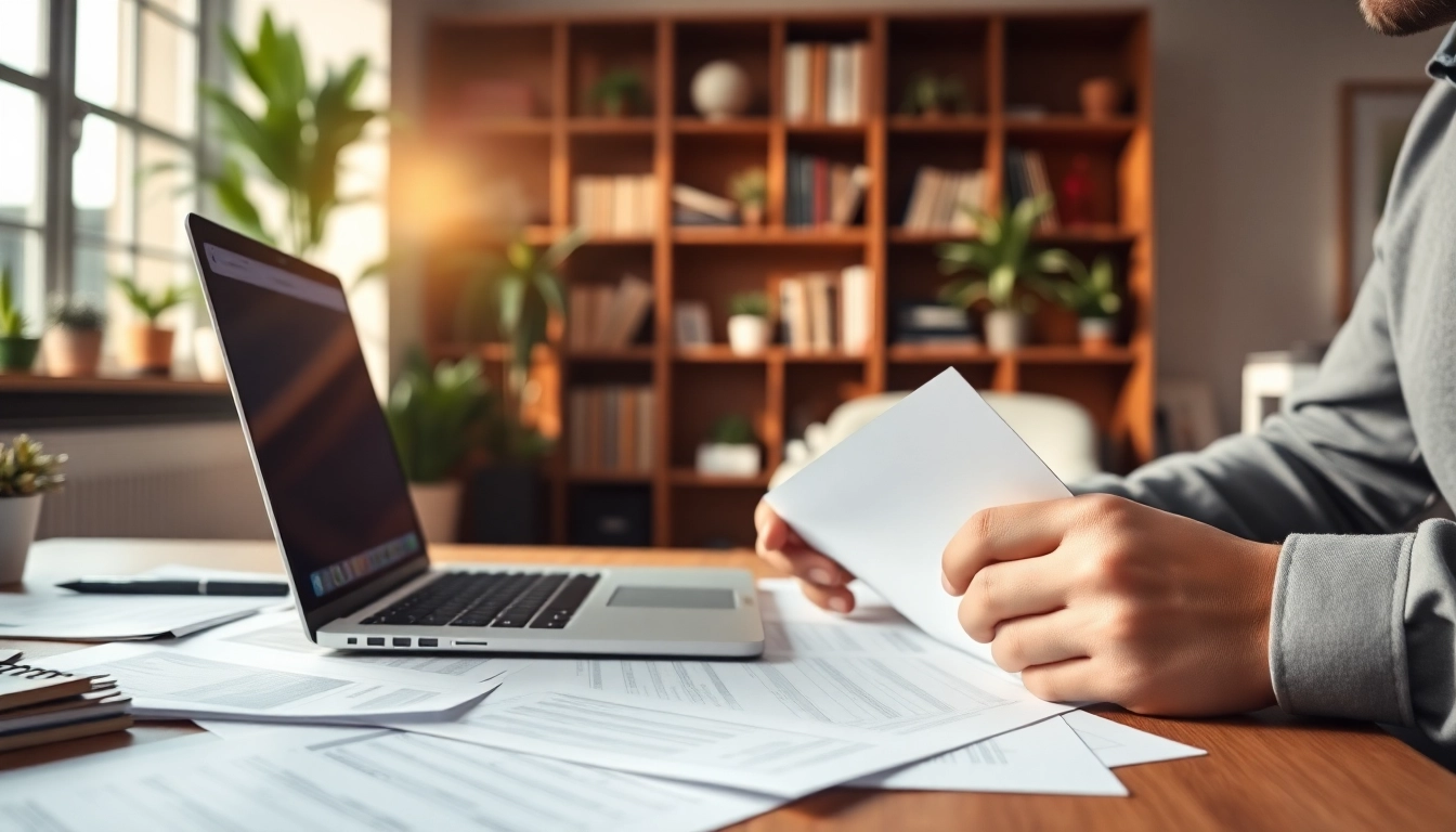 Filling out an eta uk application form with focus and determination in a modern office.