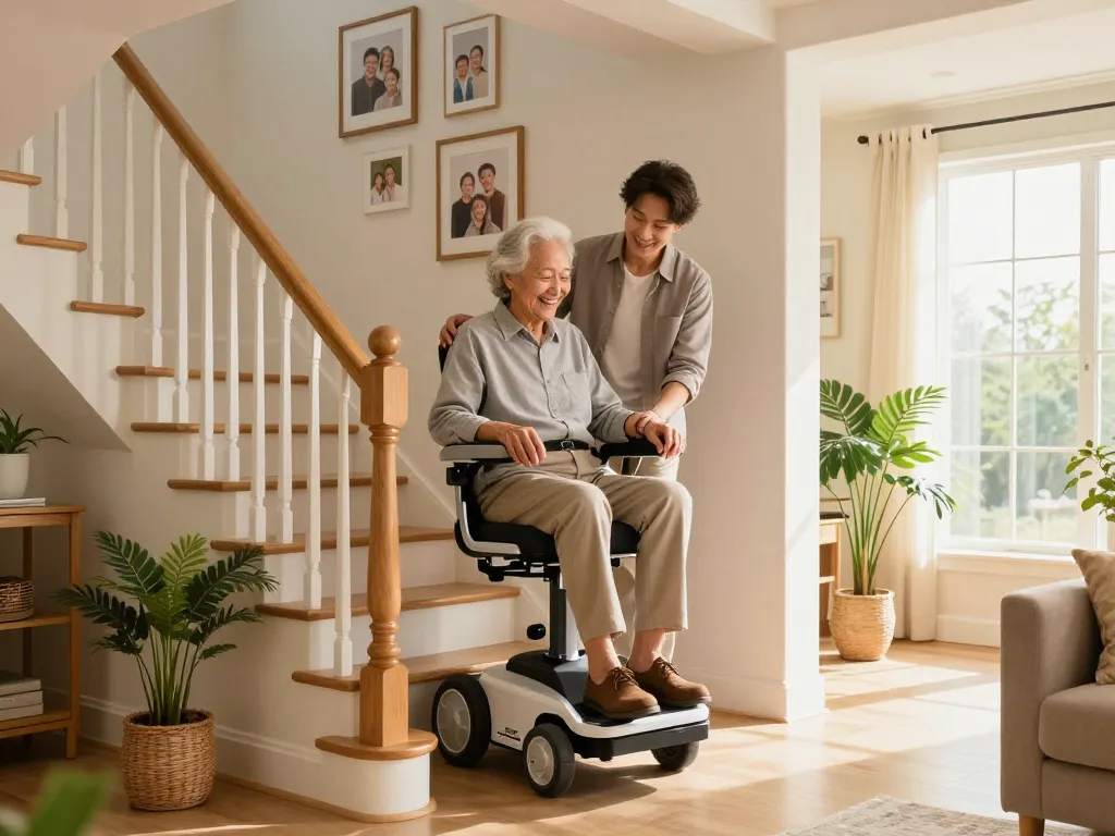 Comfortable stairlift installation aiding mobility for elderly person in a cozy home.