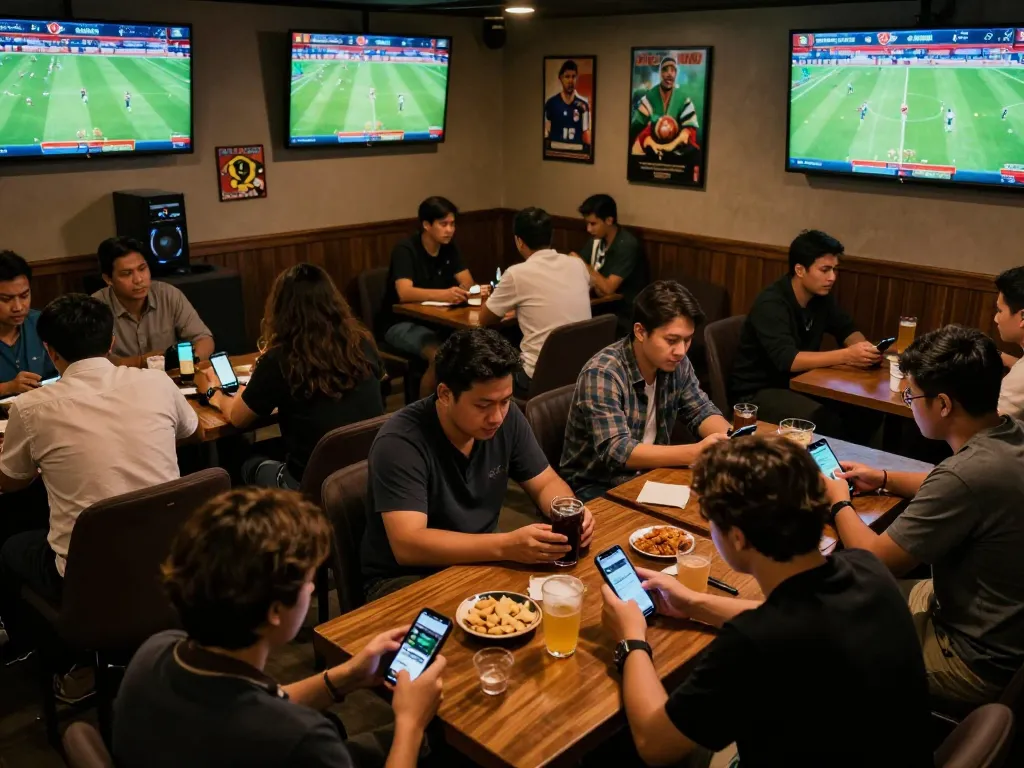 Kèo nhà cái 5 sports betting lounge filled with fans analyzing odds and making bets.
